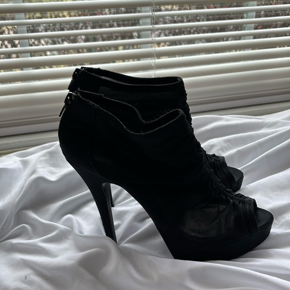 Chinese Laundry Black open toe mesh bootie with zippered back.